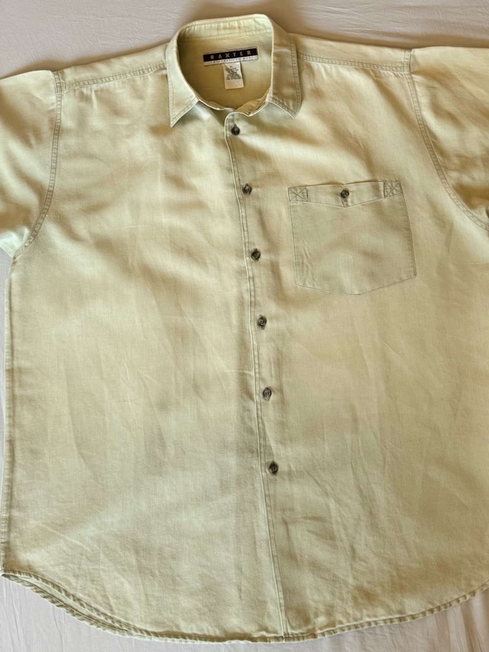 Vintage 80s Baxter Money Green Short-Sleeve Button-Up Shirt Ramie/Cotton Blend